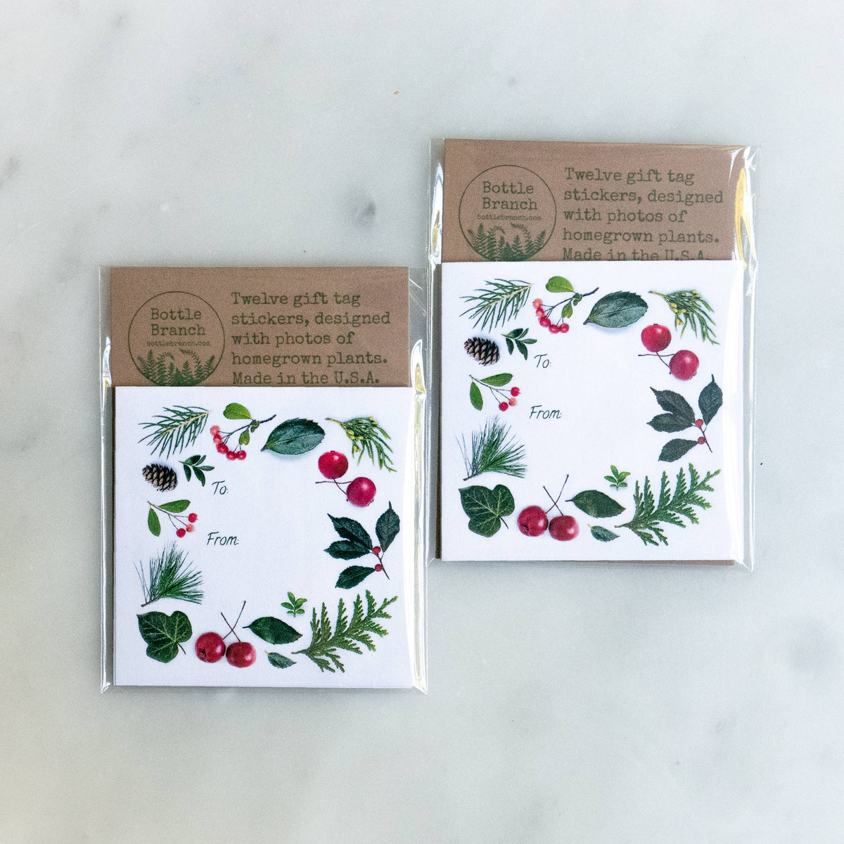 Bottle Branch - Sticker gift tags - evergreens and berries