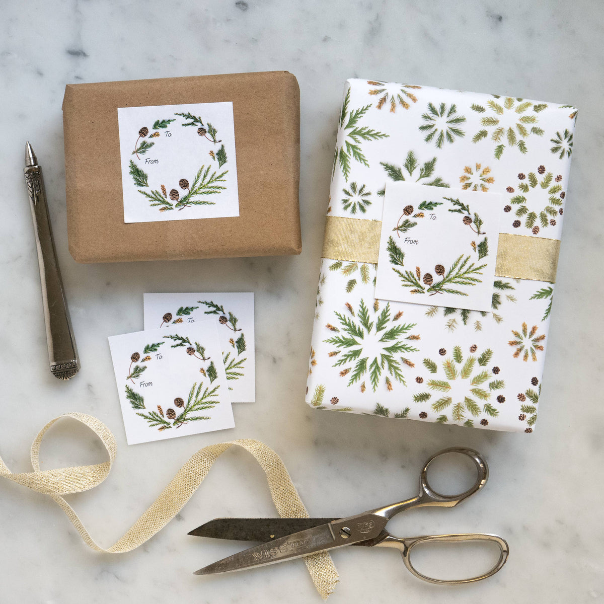 Bottle Branch - Sticker gift tags - evergreen wreath