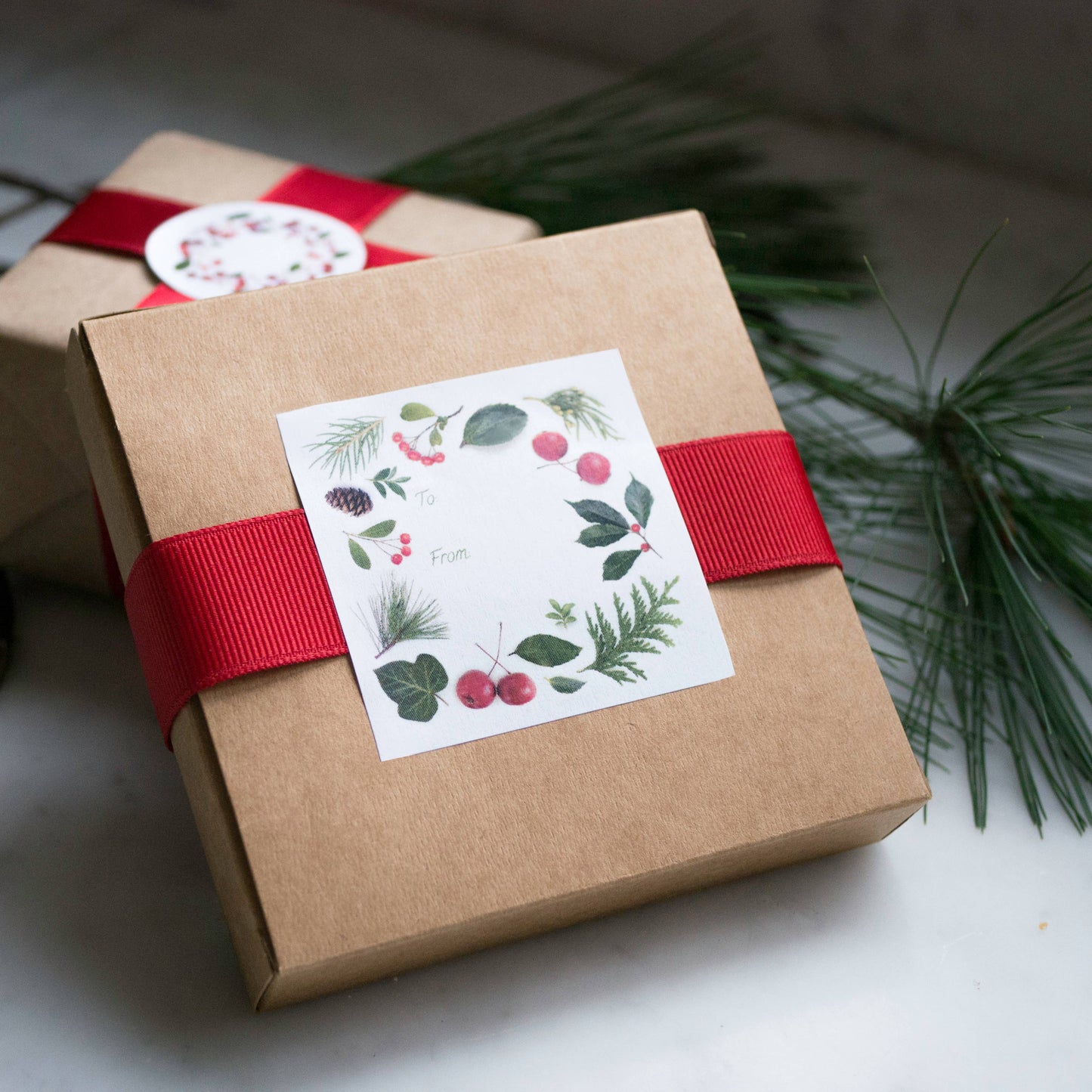 Bottle Branch - Sticker gift tags - evergreens and berries