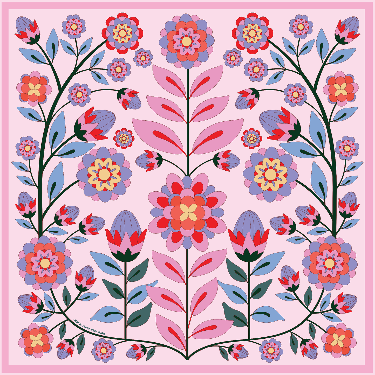 Jessie Zhao New York - Double Sided Silk Scarf Of Pink Garden