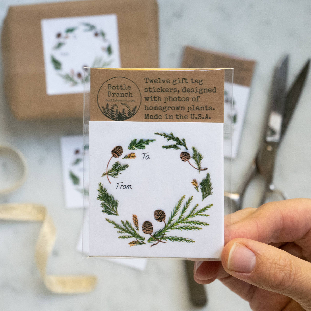 Bottle Branch - Sticker gift tags - evergreen wreath
