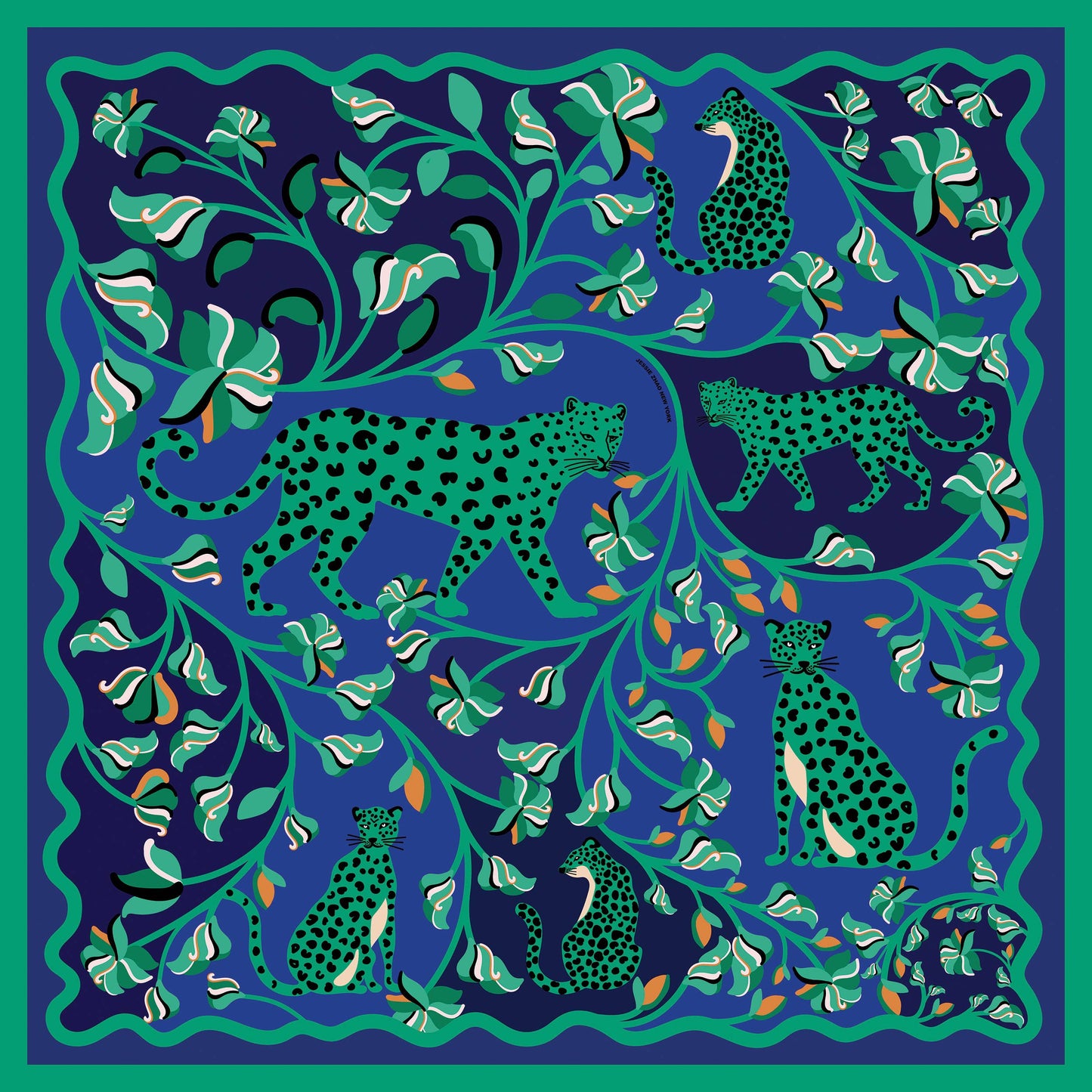Jessie Zhao New York - Double Sided Silk Scarf Of Leopards In The Verdant Wild