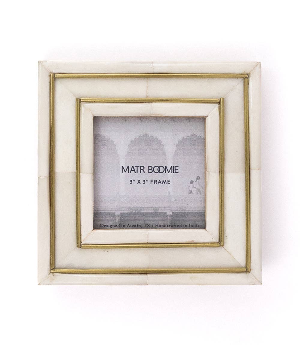 Matr Boomie Fair Trade - Pravina 3x3 Picture Frame - Carved Bone, Brass Inlay