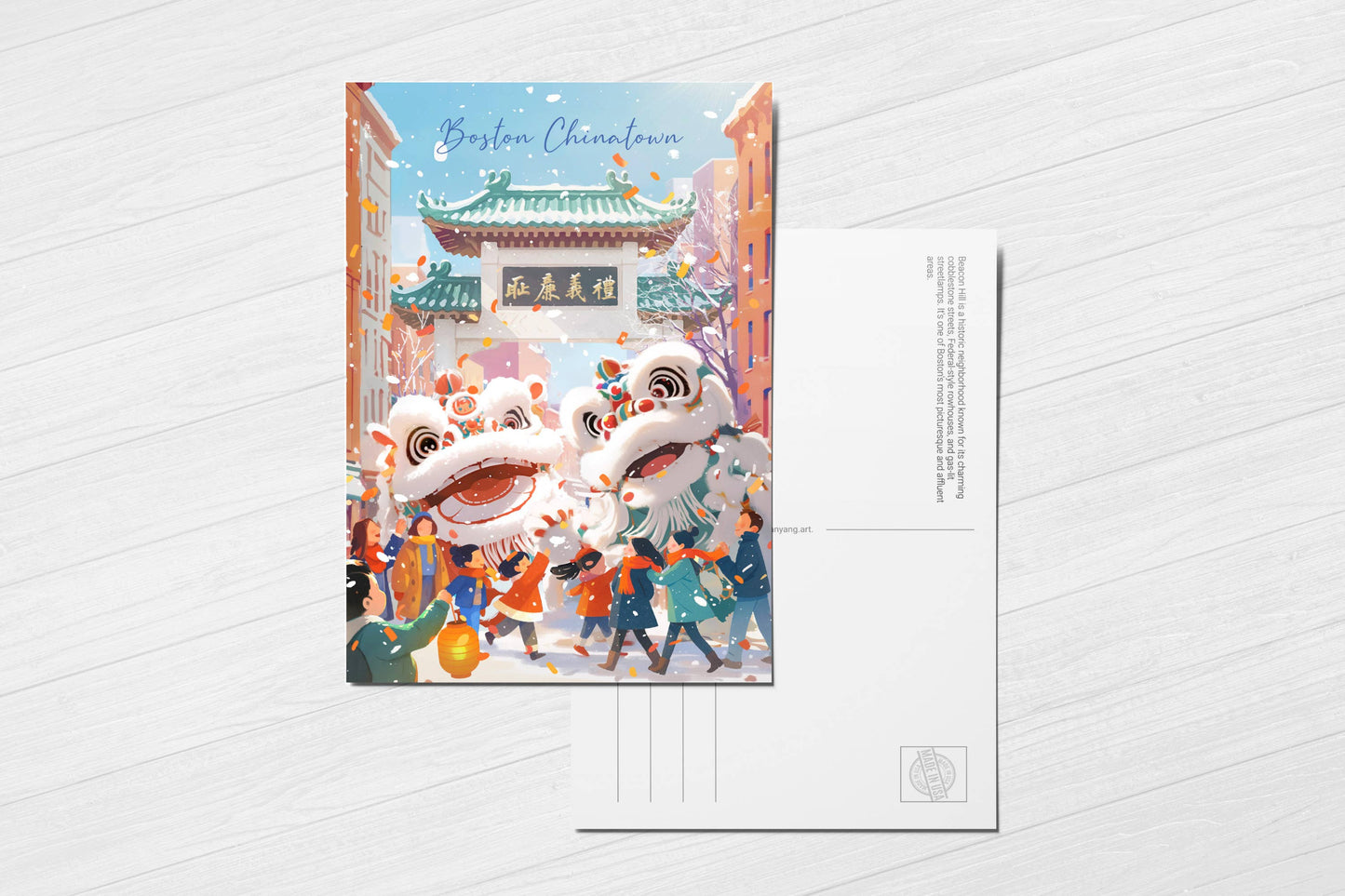 anyangART Studio - Boston Postcard, Massachusetts Postcard - Lion Dances