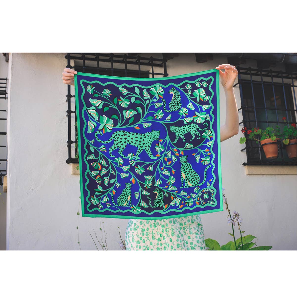 Jessie Zhao New York - Double Sided Silk Scarf Of Leopards In The Verdant Wild