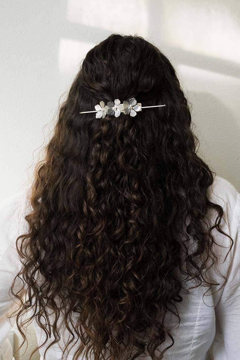 Sayuri Flower Silver Hair Slide with Stick - ALUMINUM