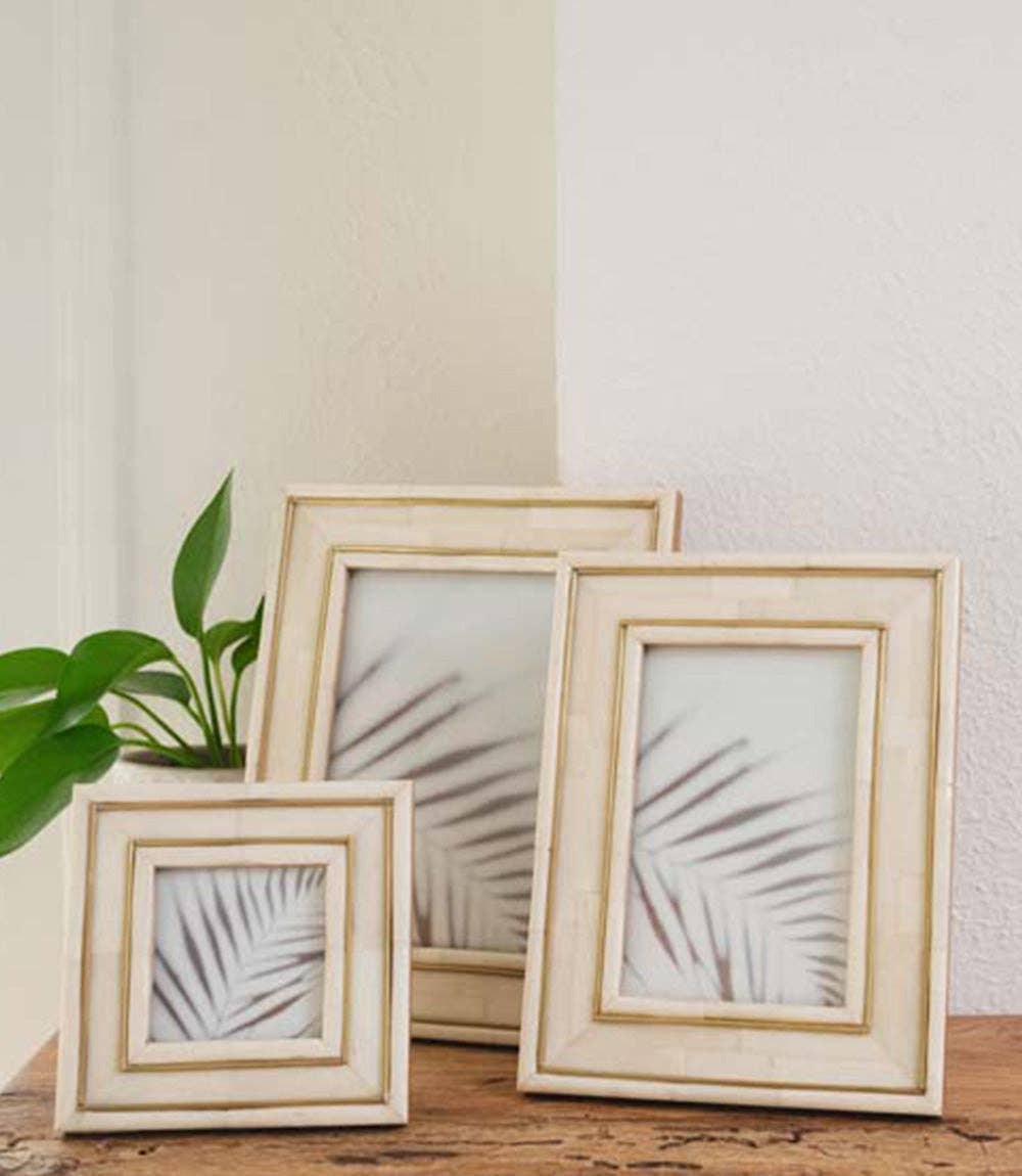 Matr Boomie Fair Trade - Pravina 3x3 Picture Frame - Carved Bone, Brass Inlay