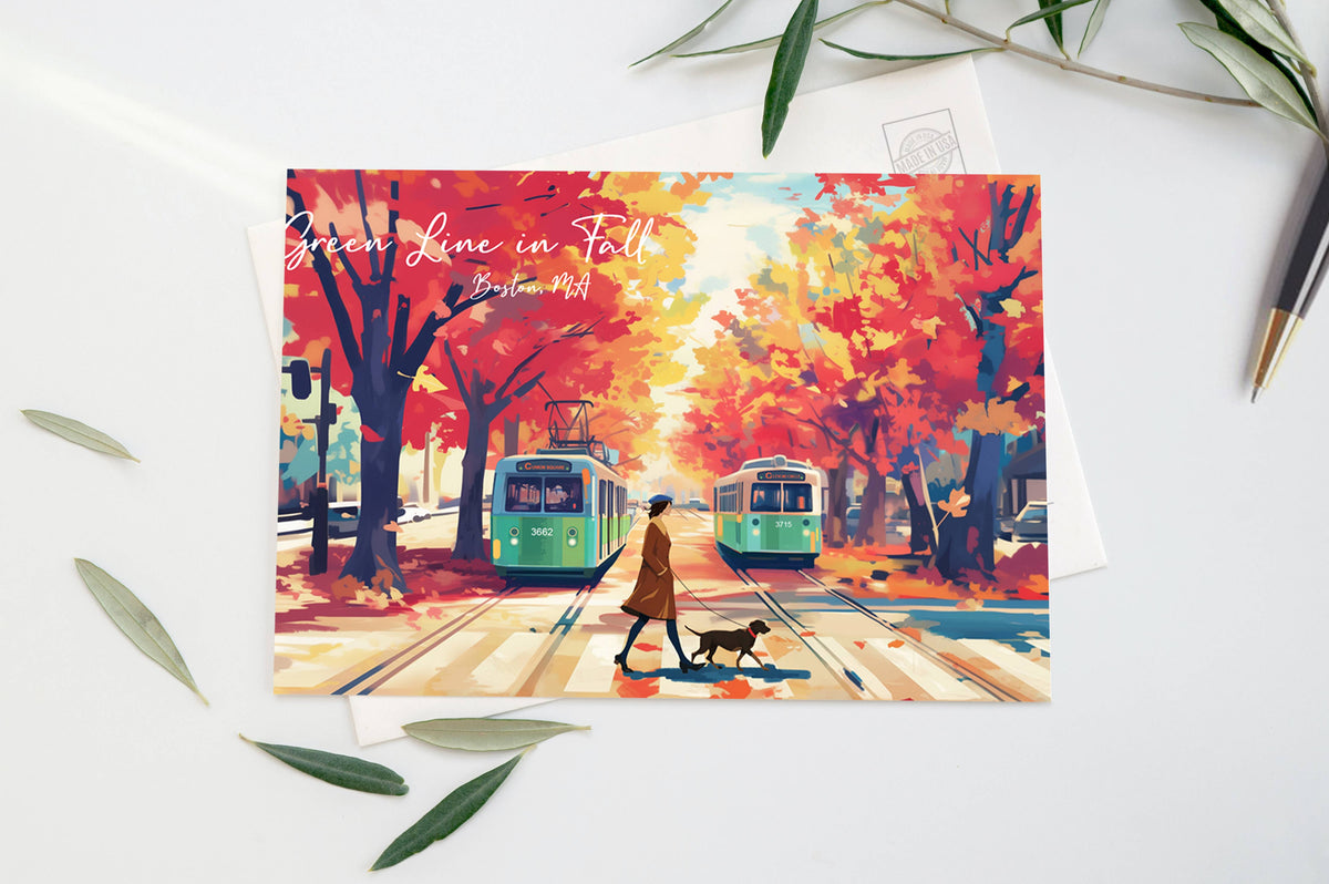 anyangART Studio - Boston Postcard, Massachusetts Postcard - Green Line in Fall