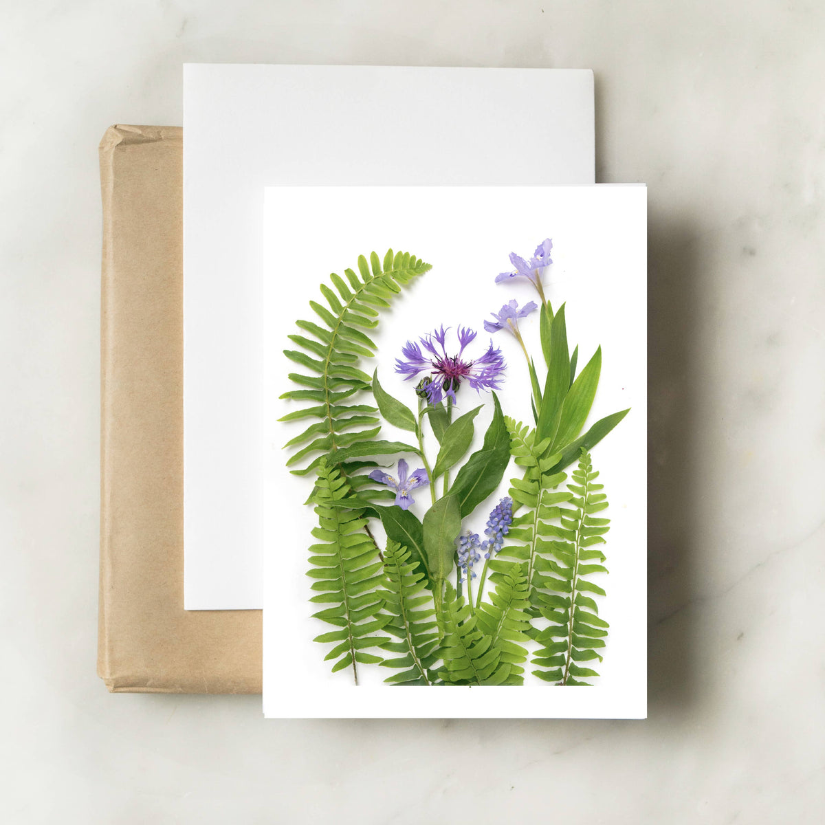 Bottle Branch - Card - Ferns and blue flowers card