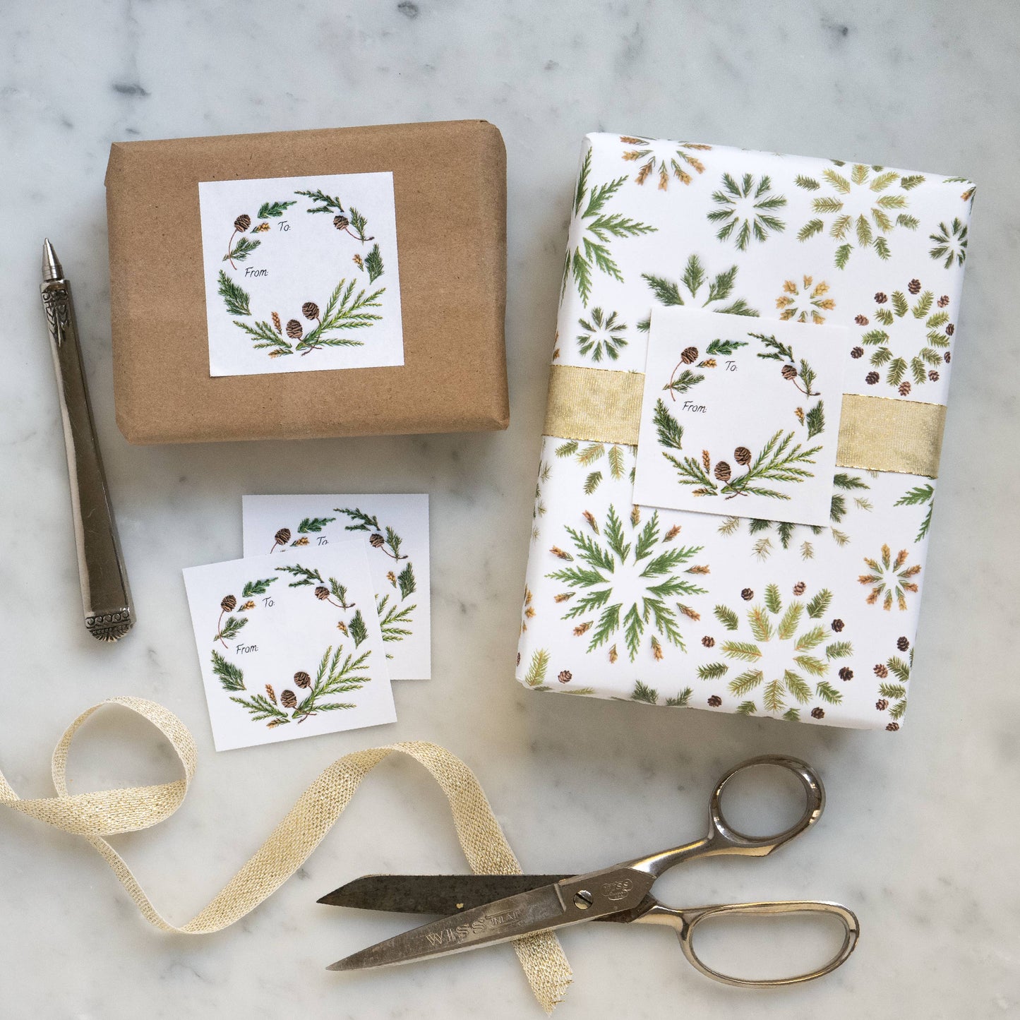 Bottle Branch - Sticker gift tags - evergreen wreath