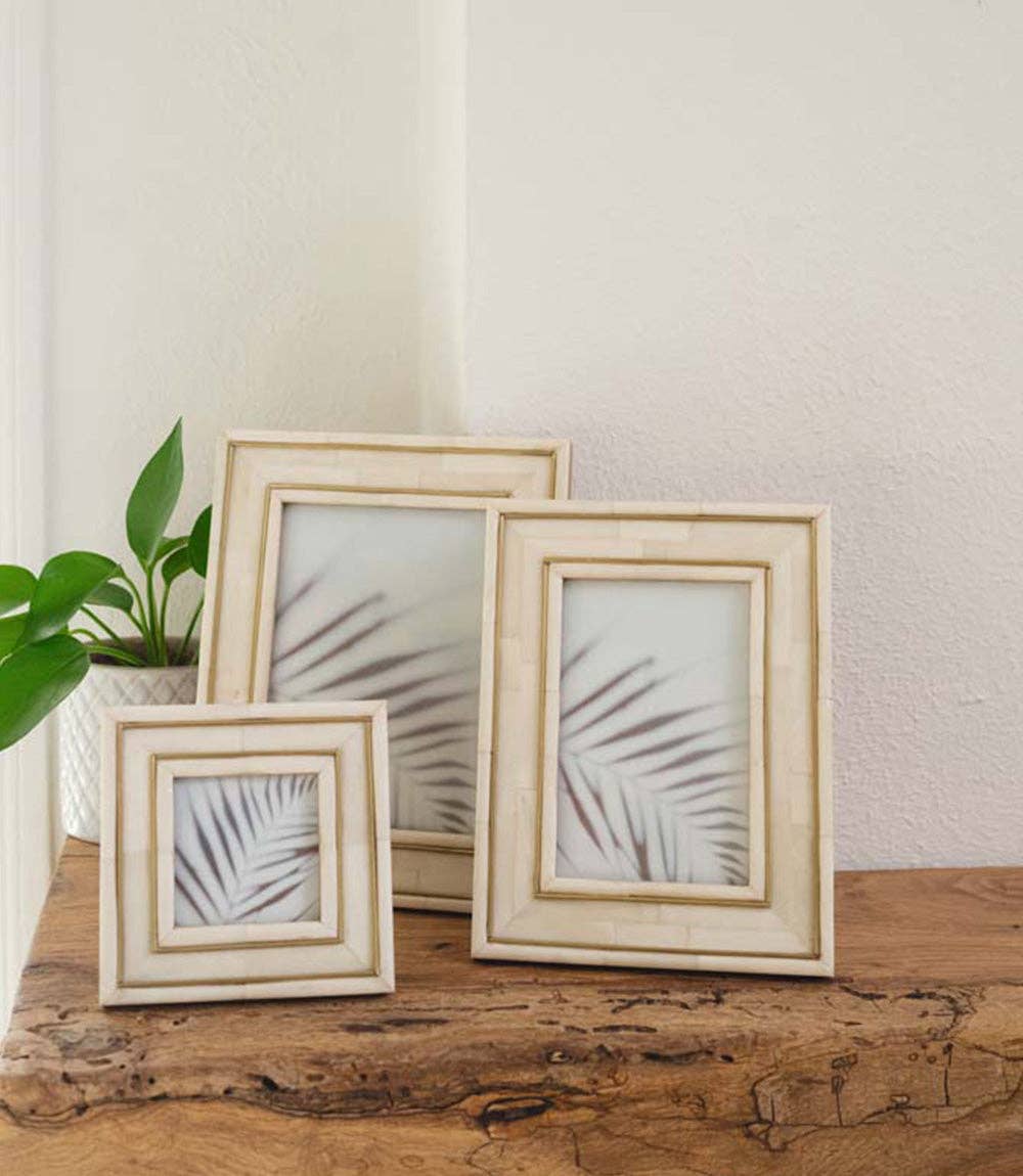 Matr Boomie Fair Trade - Pravina 5x7 Picture Frame - Carved Bone, Brass Inlay