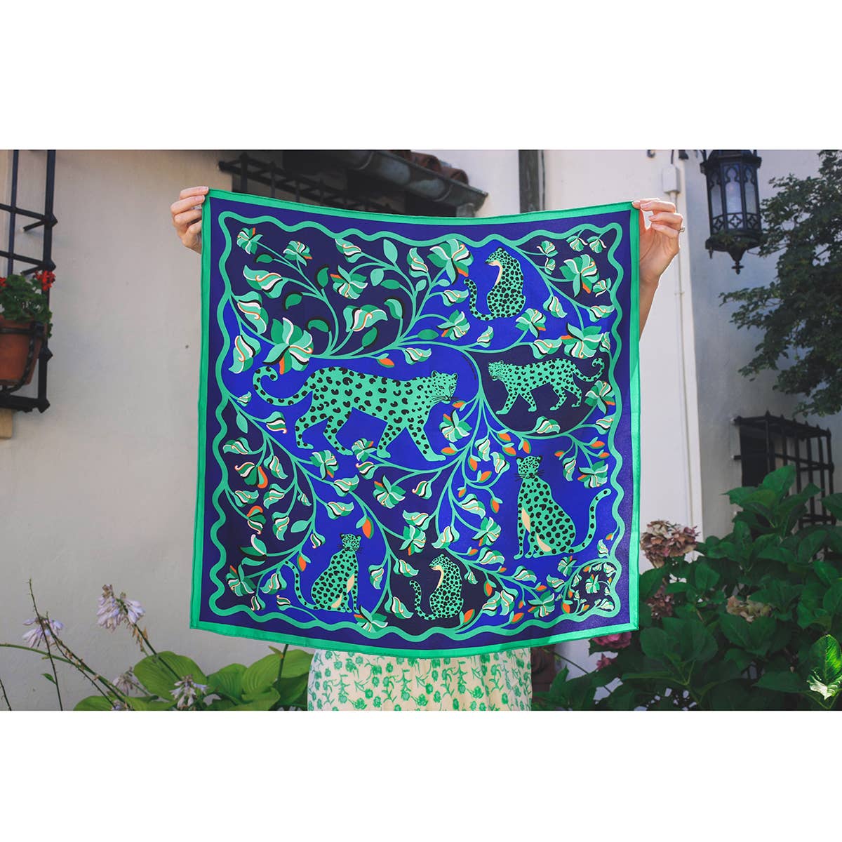 Jessie Zhao New York - Double Sided Silk Scarf Of Leopards In The Verdant Wild