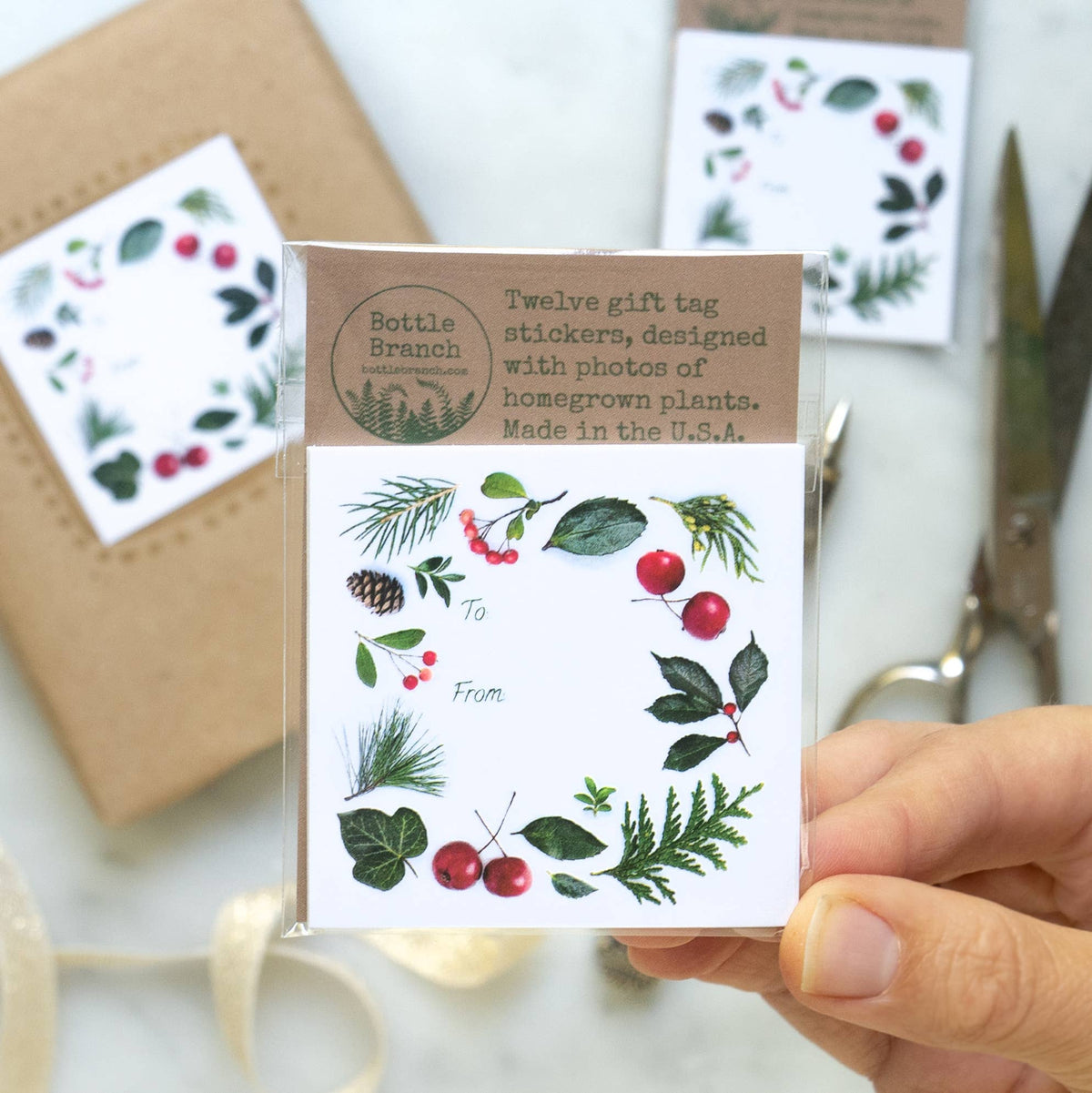 Bottle Branch - Sticker gift tags - evergreens and berries