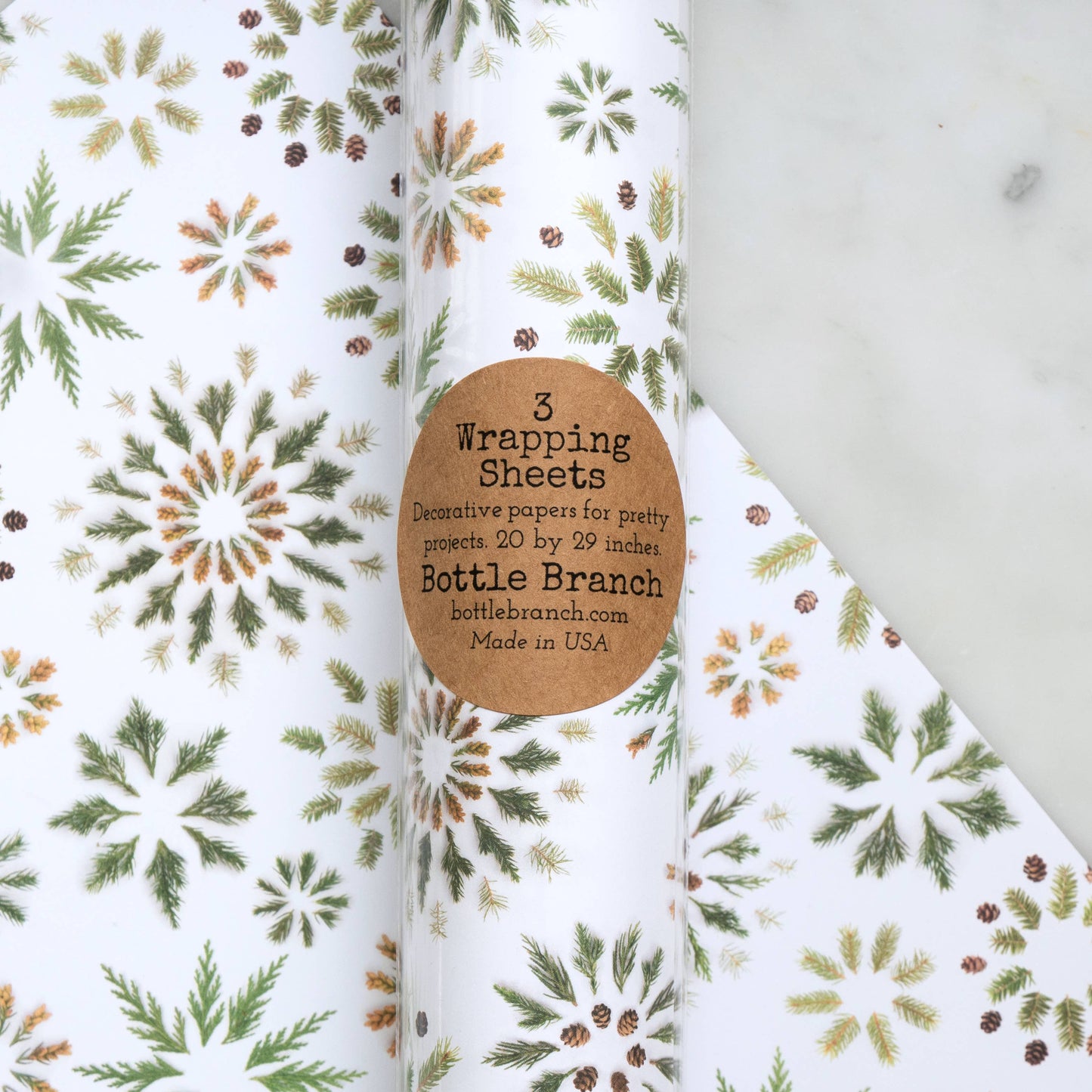 Bottle Branch - Gift Wrap - evergreens stars