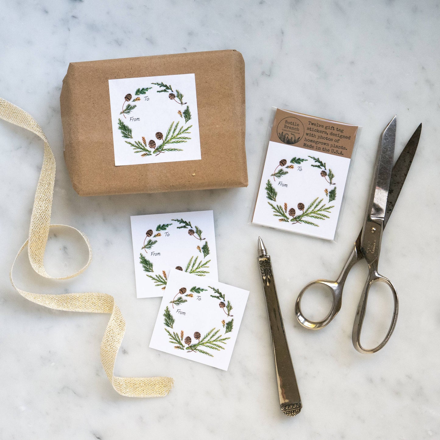 Bottle Branch - Sticker gift tags - evergreen wreath