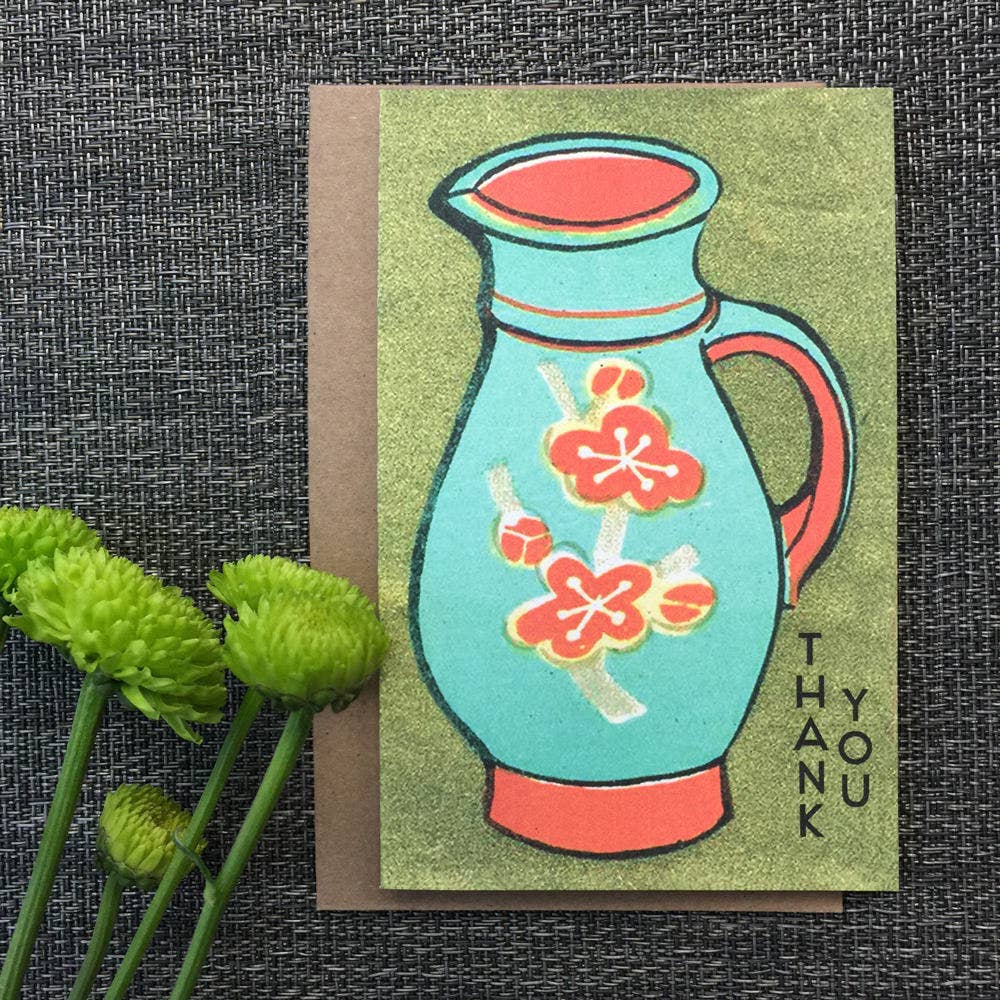 A Zillion Dollars - Blue Water Pitcher Thank You; Vintage Style Thank You Card; Original and Beautiful Thank You Card; Vintage Matchbox Cover; Floral