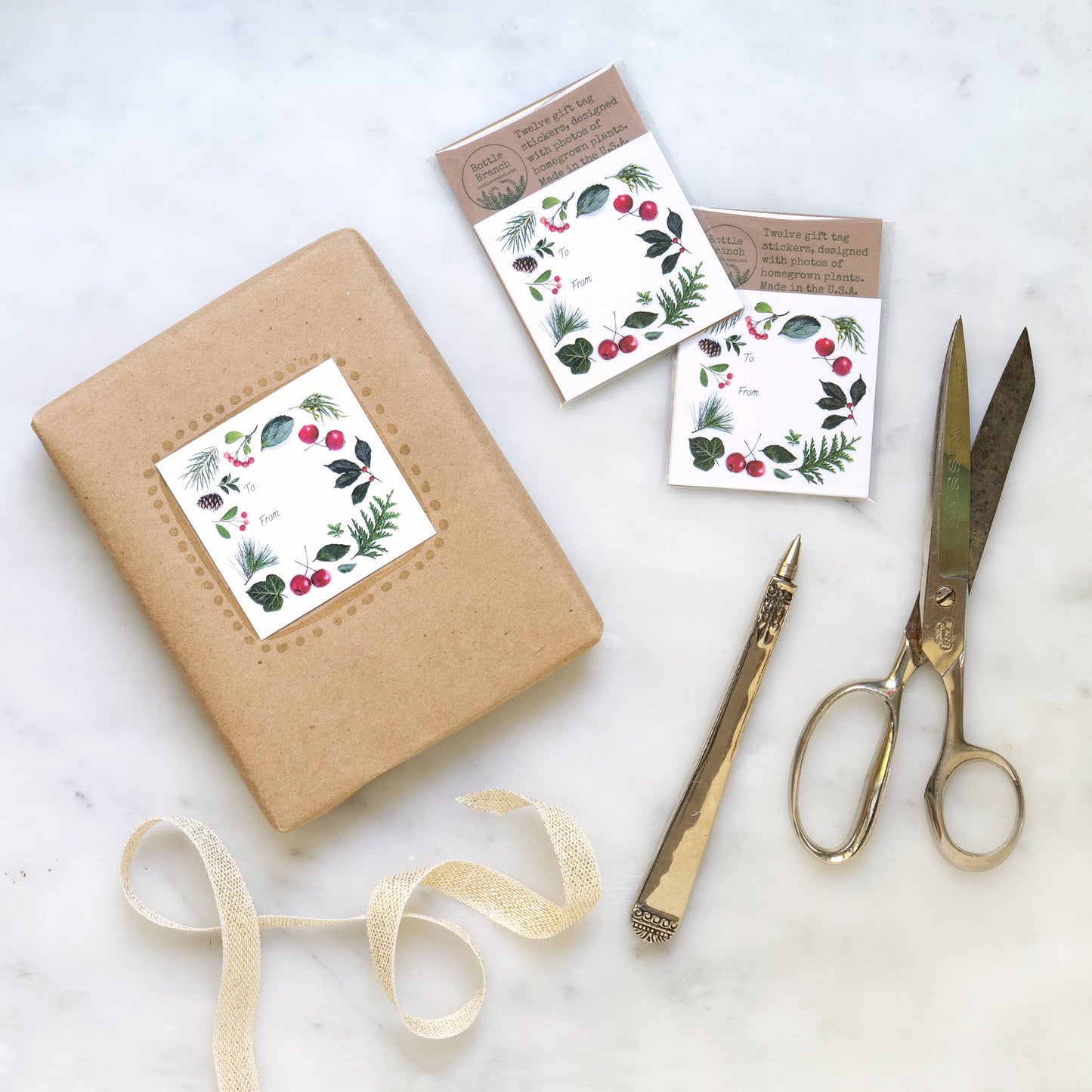 Bottle Branch - Sticker gift tags - evergreens and berries